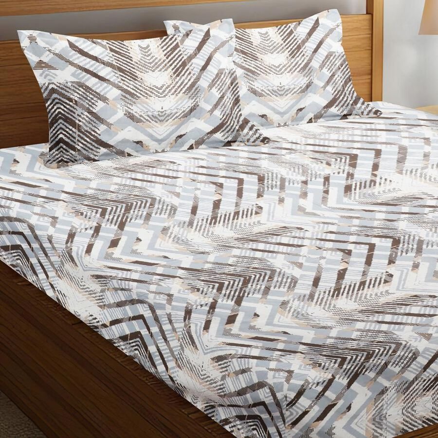 Home Beautiful Beige and Brown Geometric Printed King Size Bedsheet – Elegant Comfort for Your Bedroom
