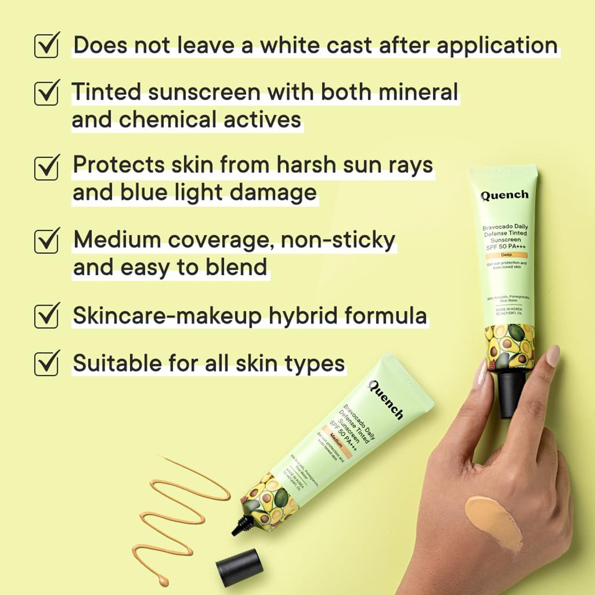 QUENCH Bravocado: Your Daily Shield with a Natural Tint sunscreen SPF 50 PA+++